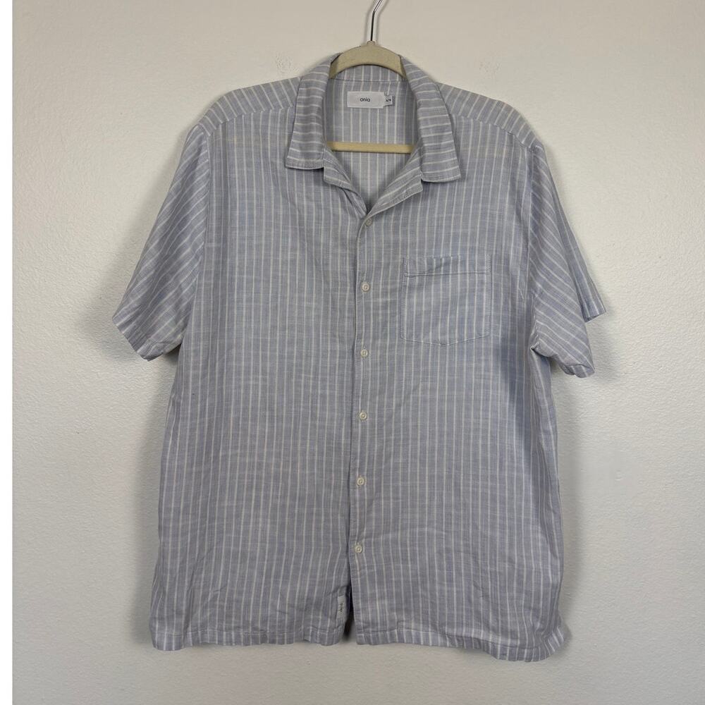 Onia Striped Blue White Cotton Blend Short Sleeve Collared Camp Shirt XL